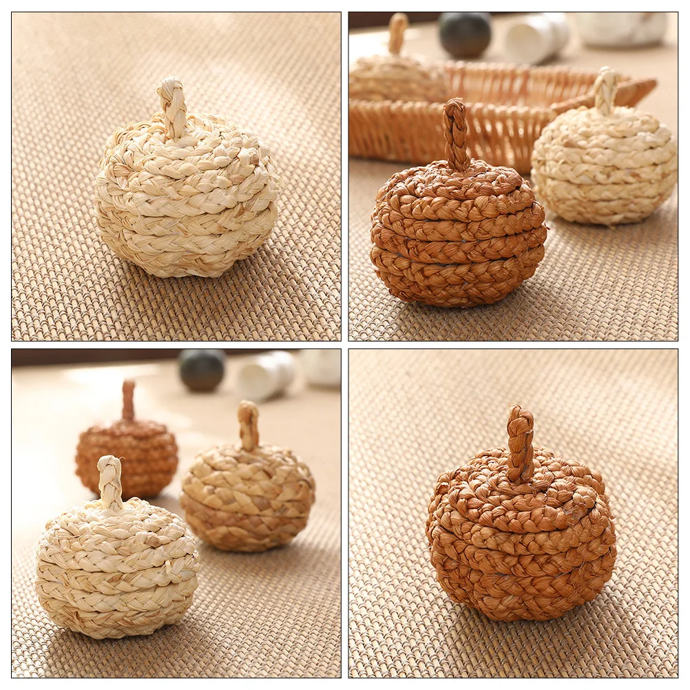 

2pcs Straw Woven Decor Artificial Harvest Festival Tabletop Ornament Thanksgiving Party Layout Prop Fake Pumpkin Adornment