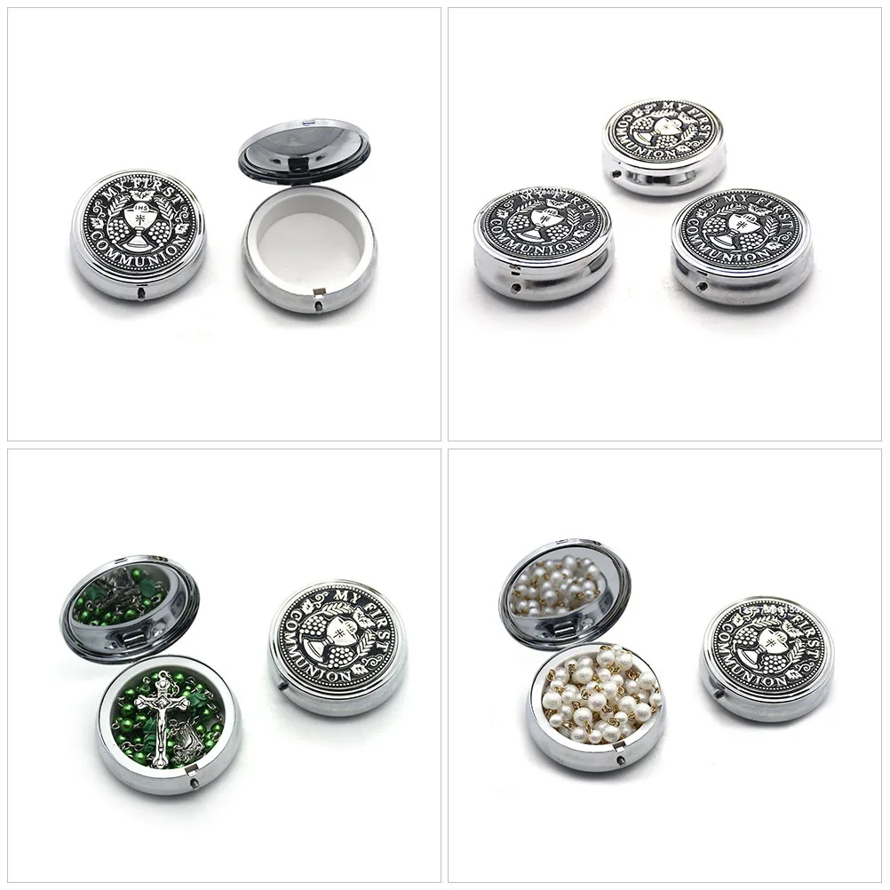 

2Pcs Metal Rosary Box Zinc Alloy Round Small Jewelry Case Lightweight Portable Small Rosary Beads Holder