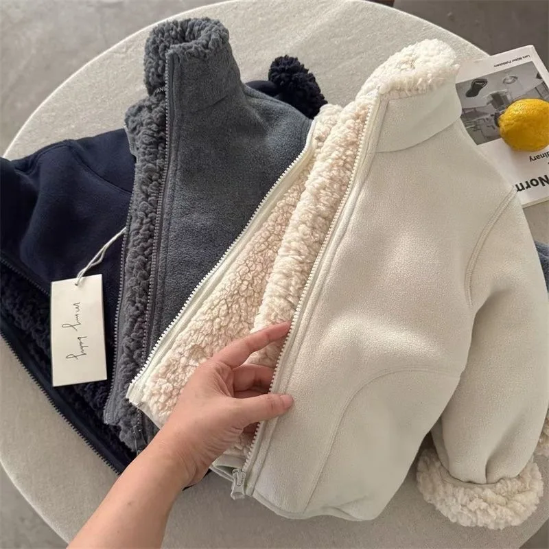 Autumn Winter Baby-style Kids Cotton Jacket Pockets Fleece Solid Wool Coat Toddler Thick Lined Long-sleeve Baby Cotton Jacket