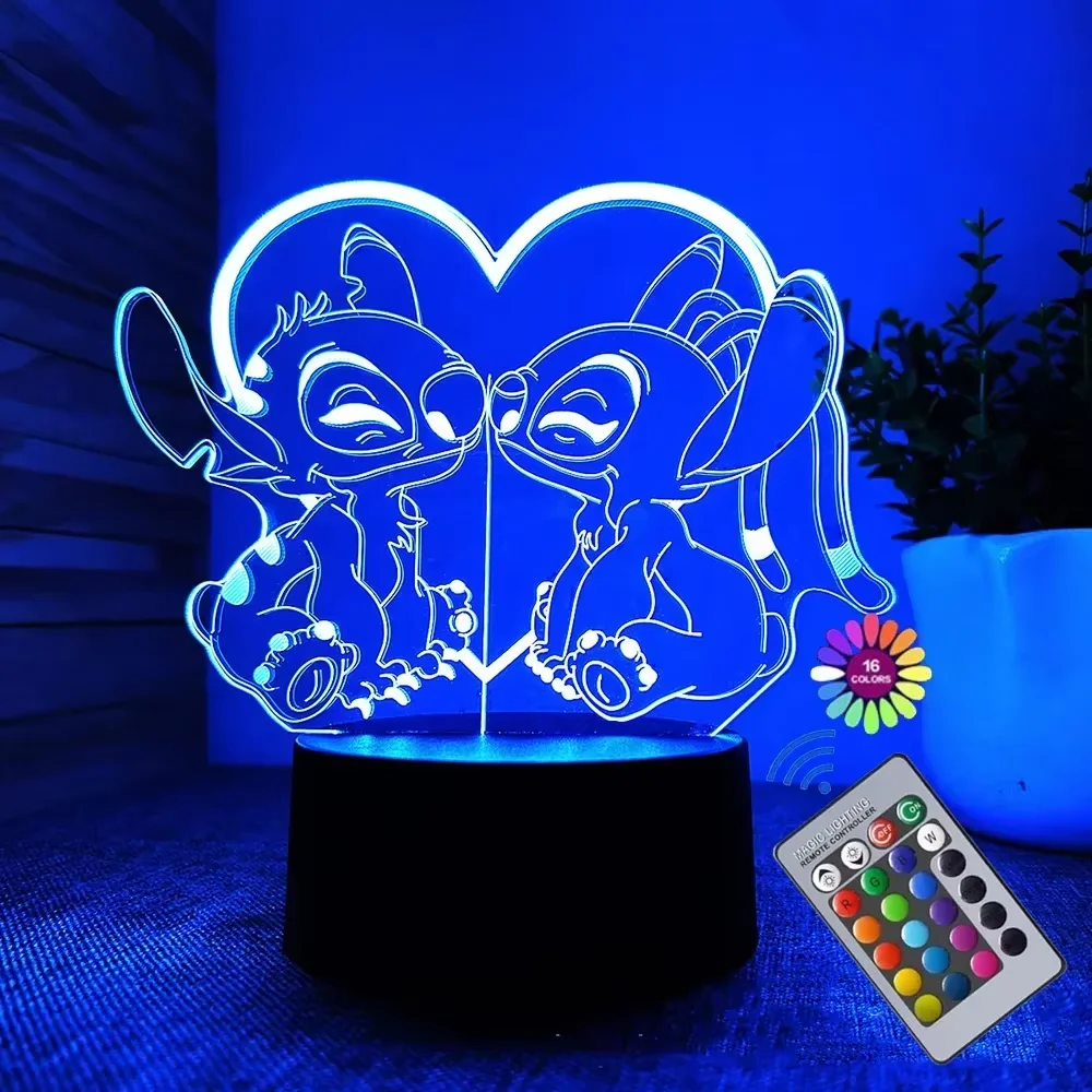 Disney Stitch 16 Colors 3D Night Light with Remote Control and Smart Touch Cute Kids Room Decoration Lamp Birthday Holiday Gift