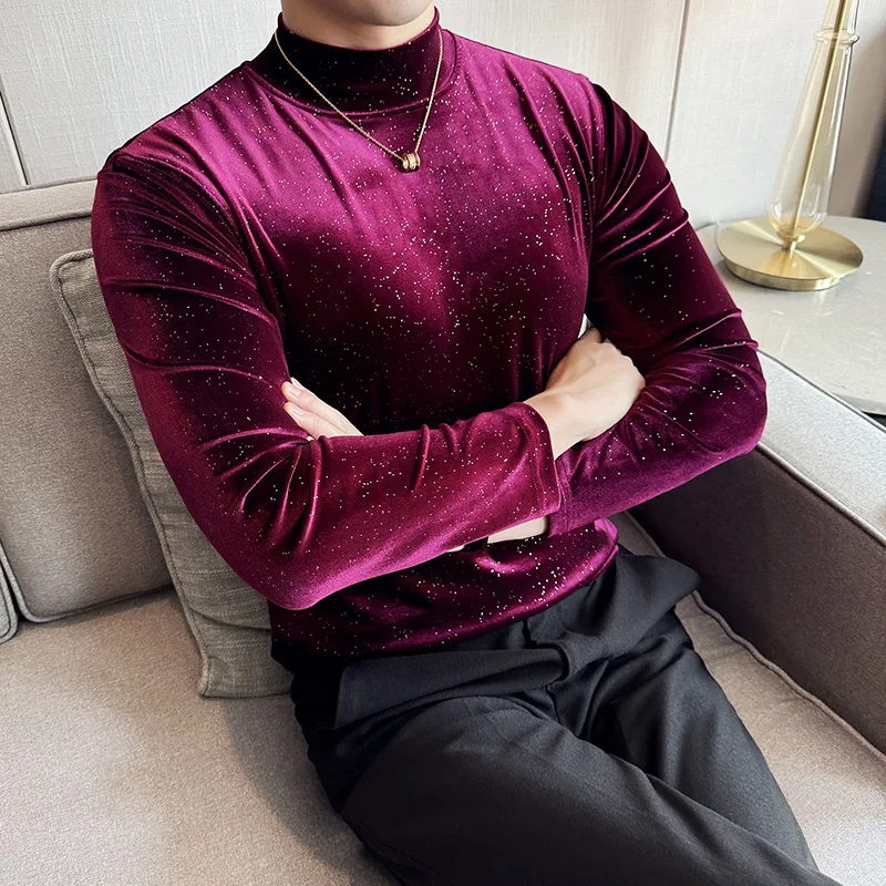 Autumn Winter Men Half Turtleneck Velvet Stretch T-shirt Shiny Dots Design Long Sleeve Slim Fit Casual Tight Warm Tees 4XL-M