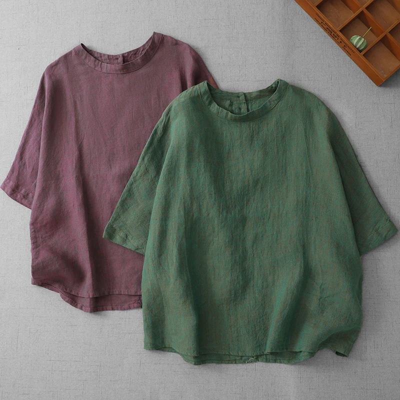 

Повседневная женская блузка из хлопка и льна, свободного кроя, с коротким рукавом, круглым вырезом, в винтажном стиле, летняя модная рубашка, большие размеры