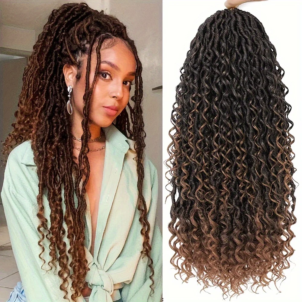 شعر كروشيه Goddess Locs للنساء، شعر بوهو فو لوكس مسبقًا مع أطراف مجعدة، شعر كروشيه طويل نهري للنساء، شعر صناعي