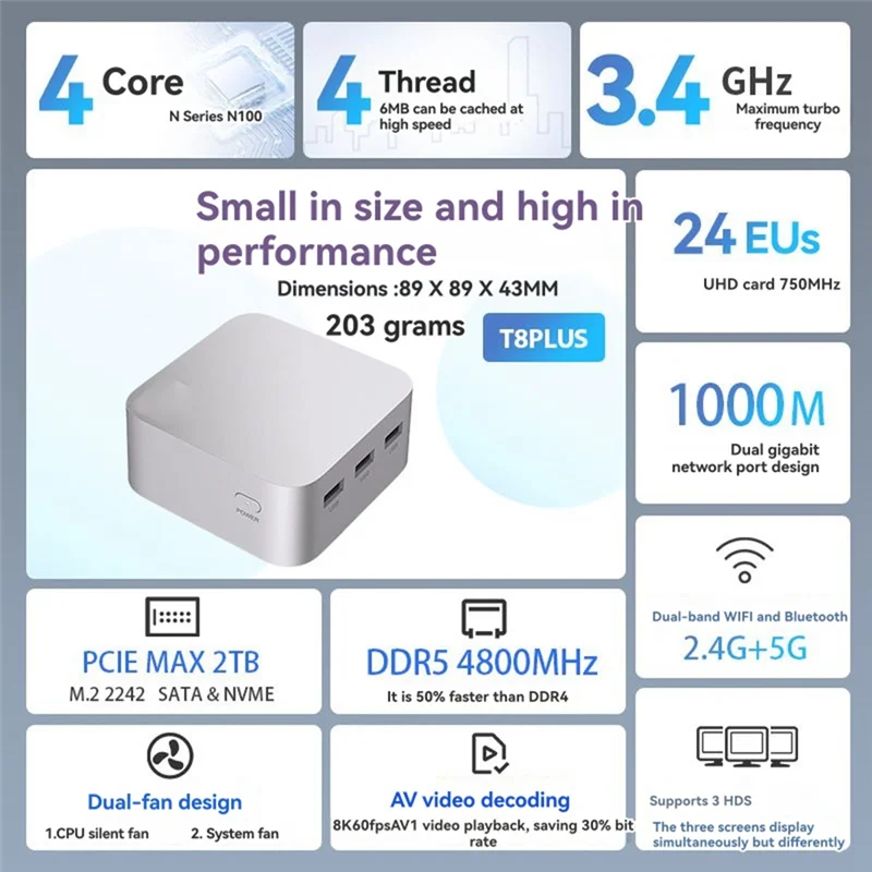 Desktop Gaming Computer T8 Plus Mini PC For Celeron 8GB 256GB DDR5 WIFI5 BT2.4,US Plug