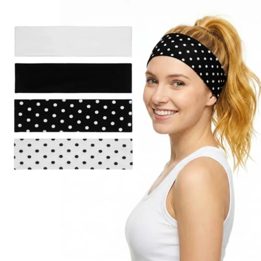 

4pcs Soft Non Slip Headband, Polka Dot Elastic Wide Headband, Polka Dot Headbands for Women, Black White Headbands, Yoga Workou
