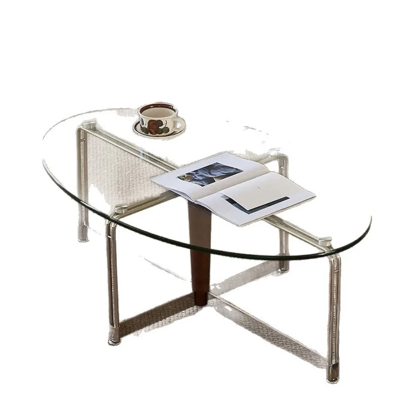 

Retro coffee table, oval living room household metal tempered glass very simple modern coffee table