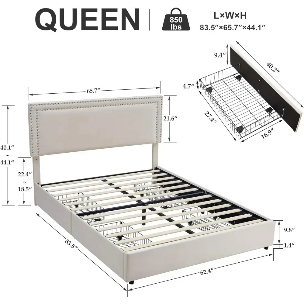 Upholstered Platform Bed Frame with 4 Storage Drawers, Adjustable Velvet Rivets Headboard