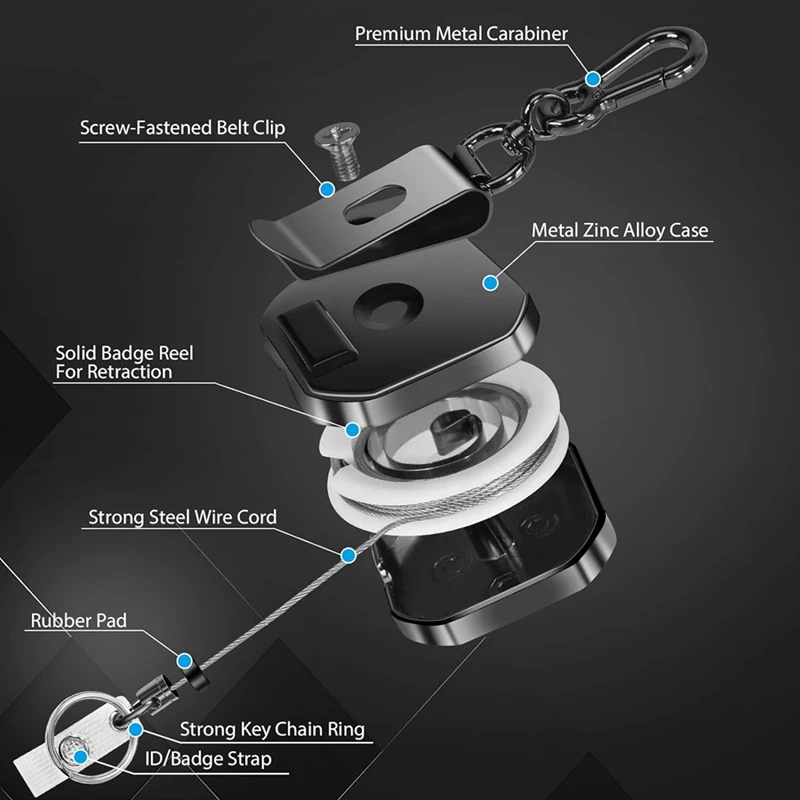 Retractable Keychain Key Chain Heavy Duty Metal ID Badge Holder Key Reel, Carabiner Keychain With Belt Clip, 27.5Inch Steel Cord