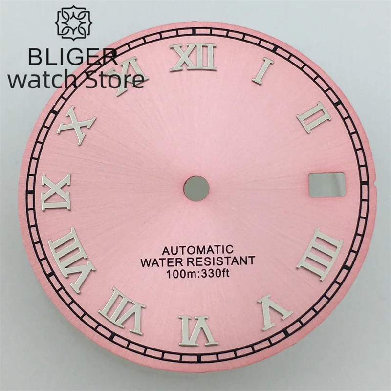 BLIGER/ Custom Logo NH35 Dial 29mm Pink Dial Roman/Diamond index Fit NH34 NH35 NH36 Movement