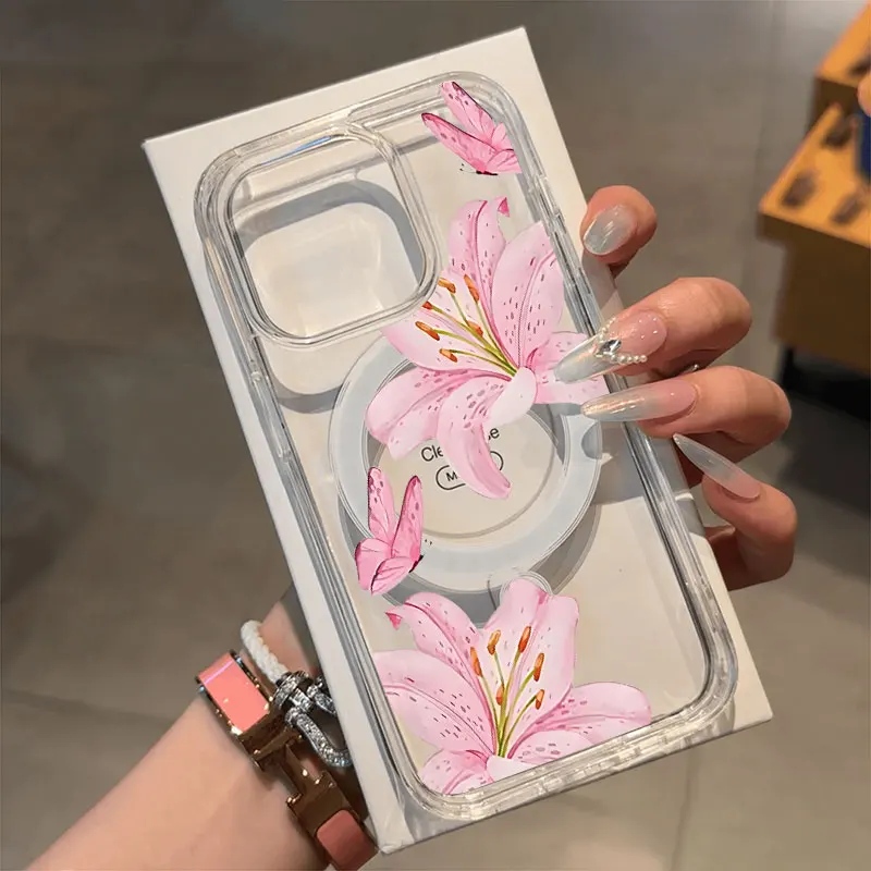 New Flower Hibiscus Floral Simple Magsafe Wireless Charger Phone Case For iPhone 16 15 14 13 12 11 Pro Max Plus MINI 16E Cover