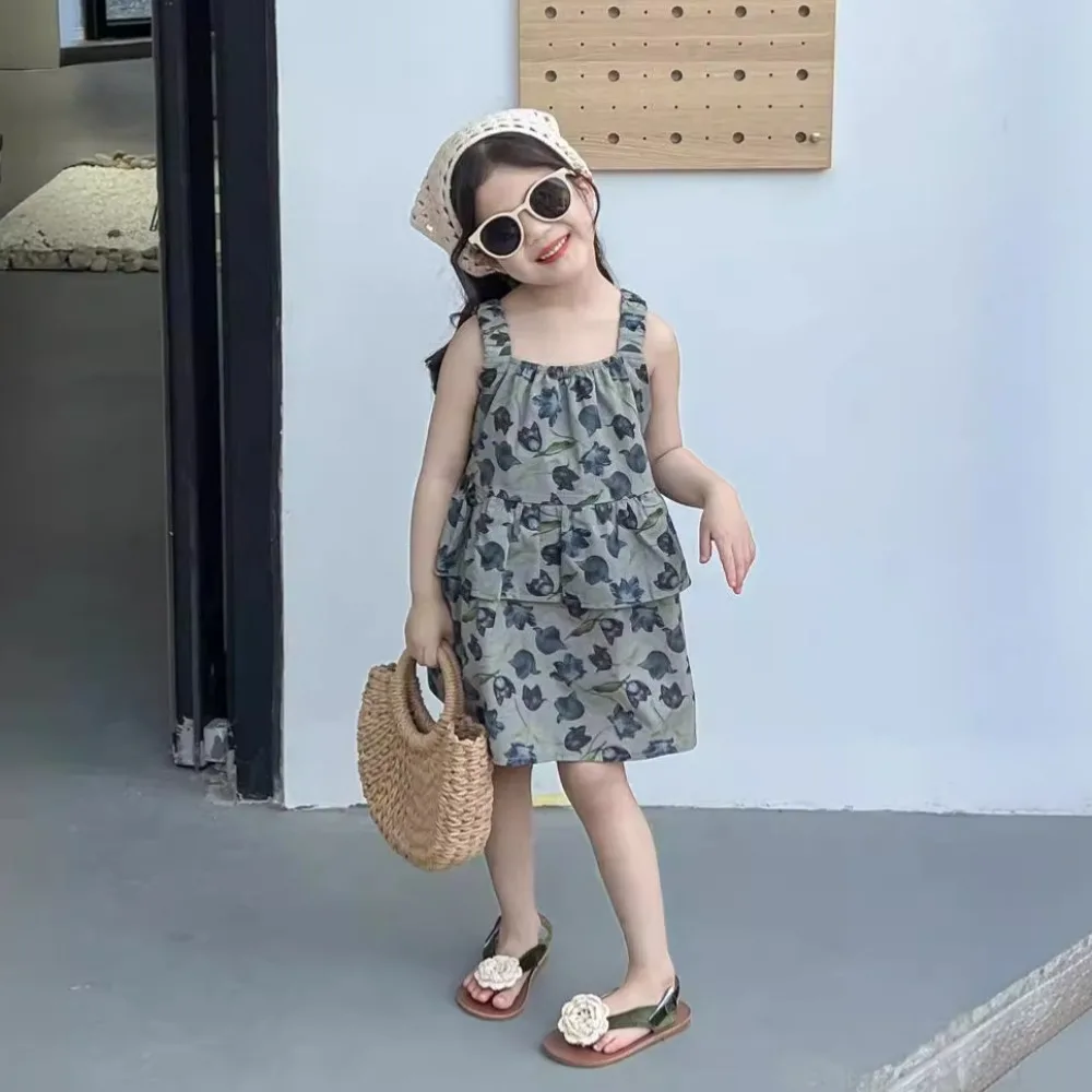 

Girls Dress Korea Style 2024 Summer New Floral Print Sleeveless Sundress Ruffle Princess Dress Baby Fashion Kids Summer Clothes