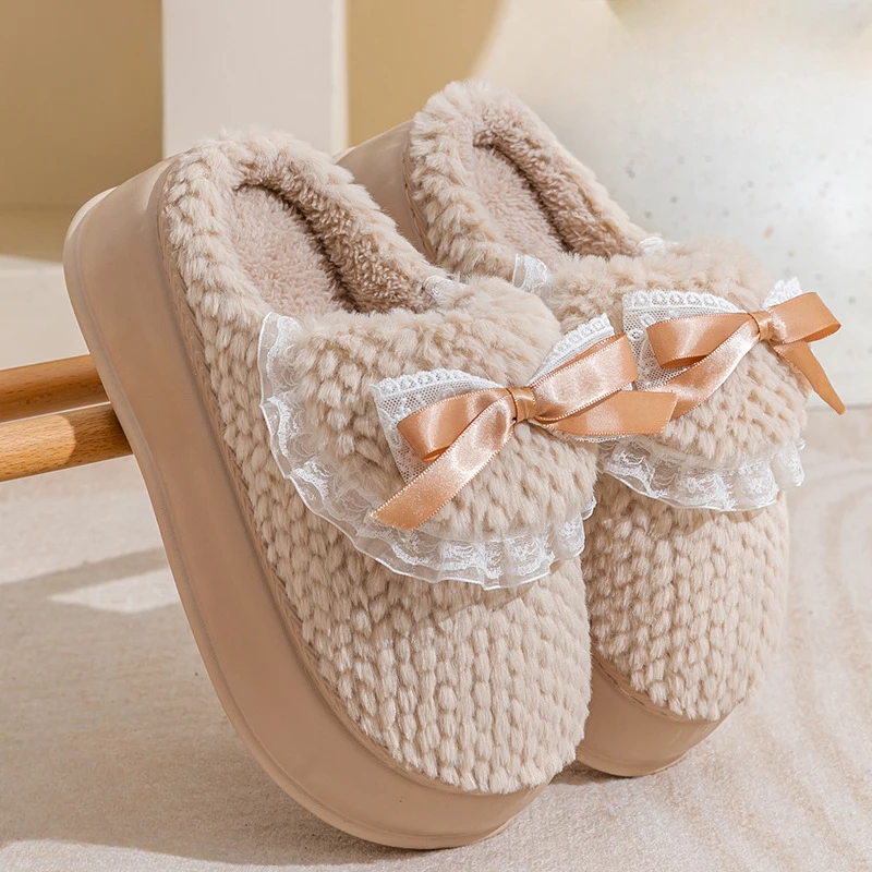 Pink Fur Clog Slippers Women Chunky Slides Shoes Thick Plush Non-Slip Home Slippers Woman Bedroom Shoes Platform Fluffy Slippers