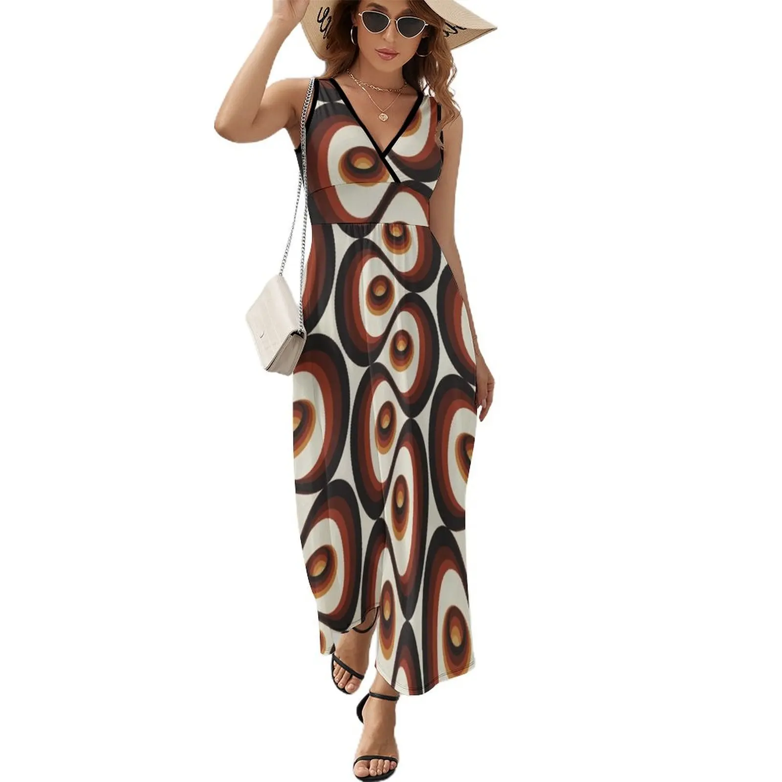 

Orange, Brown, and Ivory Retro 1960s Circular Pattern Sleeveless Dress summer woman dress 2024 Prom gown