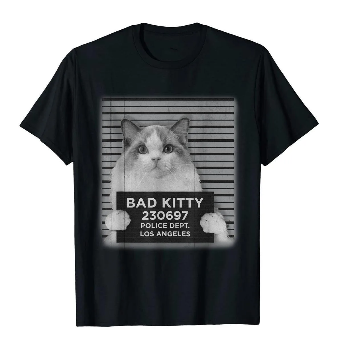 Bad Kitty Mug Shot Funny Ragdoll Cat Lover Gift T-Shirt Crazy Men's Top T-Shirts Funny Cotton T Shirt Harajuku Streetwear