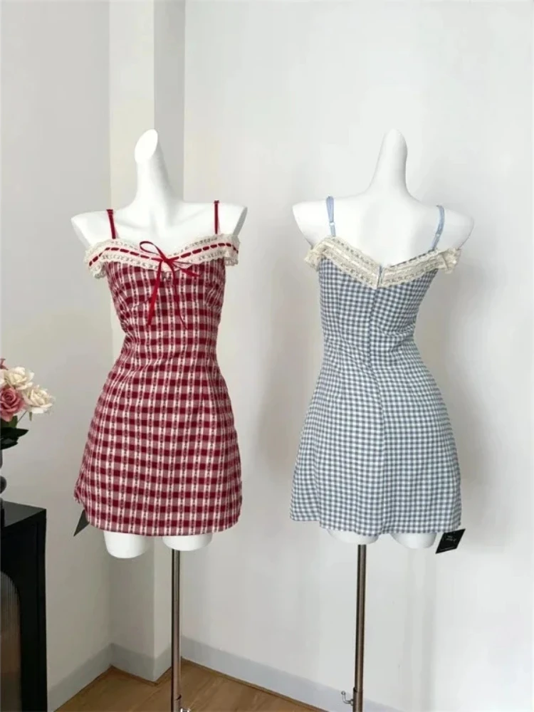 Japanese Plaid Kawaii Strap Dress Women Lace New Korean Casual Y2K Mini Dress Female V-neck High Waist Cute Clothes 2024 Summer