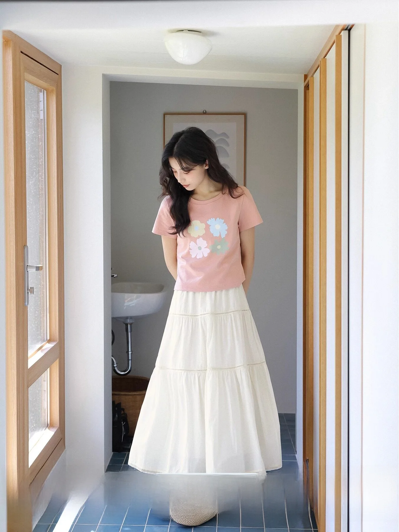 

Spring A-Line Skirt Hollow out Lace Patchwork Women's Sweet Style Baked Cake Skirt Blue Color Polyester Cotton Blend
