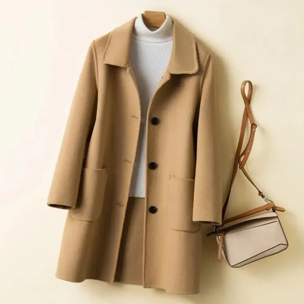 

2025 Women Woolen Coat Autumn Winter Women Solid Color Jackets Woolen Blends Coats Female Korean Elegant Retro Apricot Outerwear