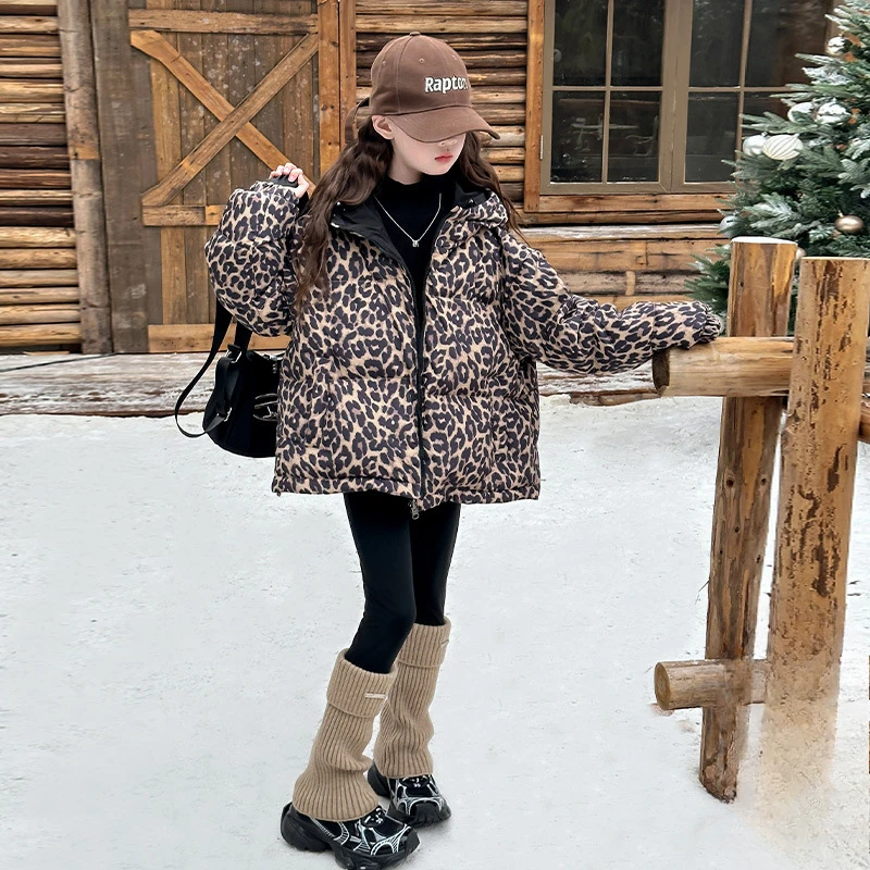 Girls Coat 2024 Winter New Childrens Clothes Girl Baby Foreign Style Loose Personality Leopard Print Cotton Clothes Casual