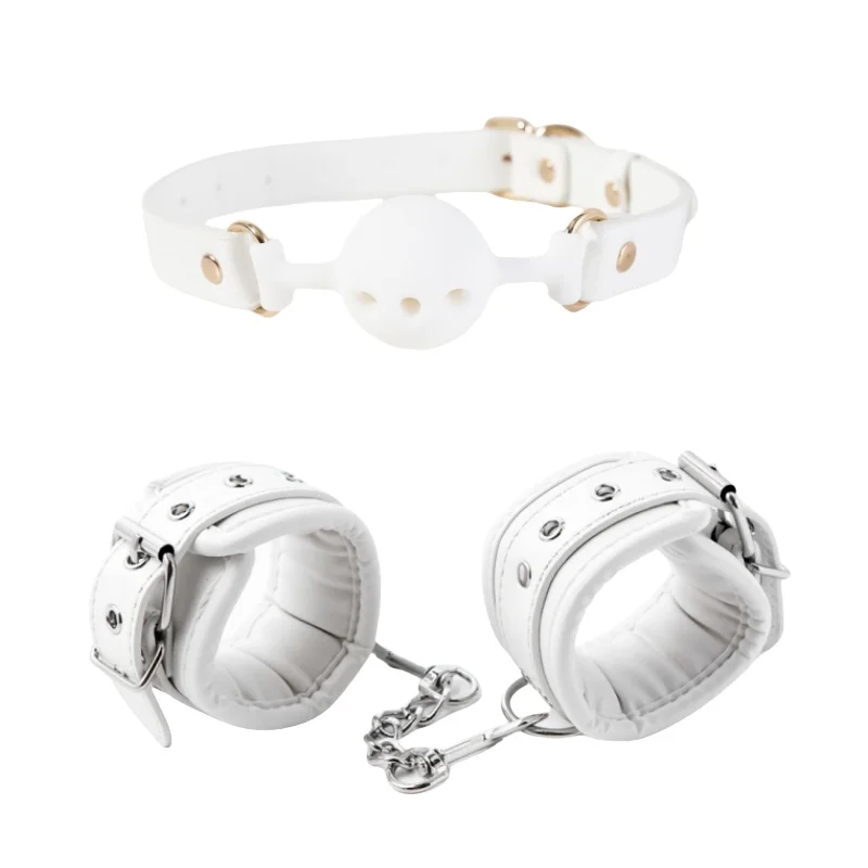 White Leather Bondage Kit with Breathable Silicone Ball Gag Handcuffs Nipple Clamps for Fetish Bdsm Adult Games Erotic Sex Toys