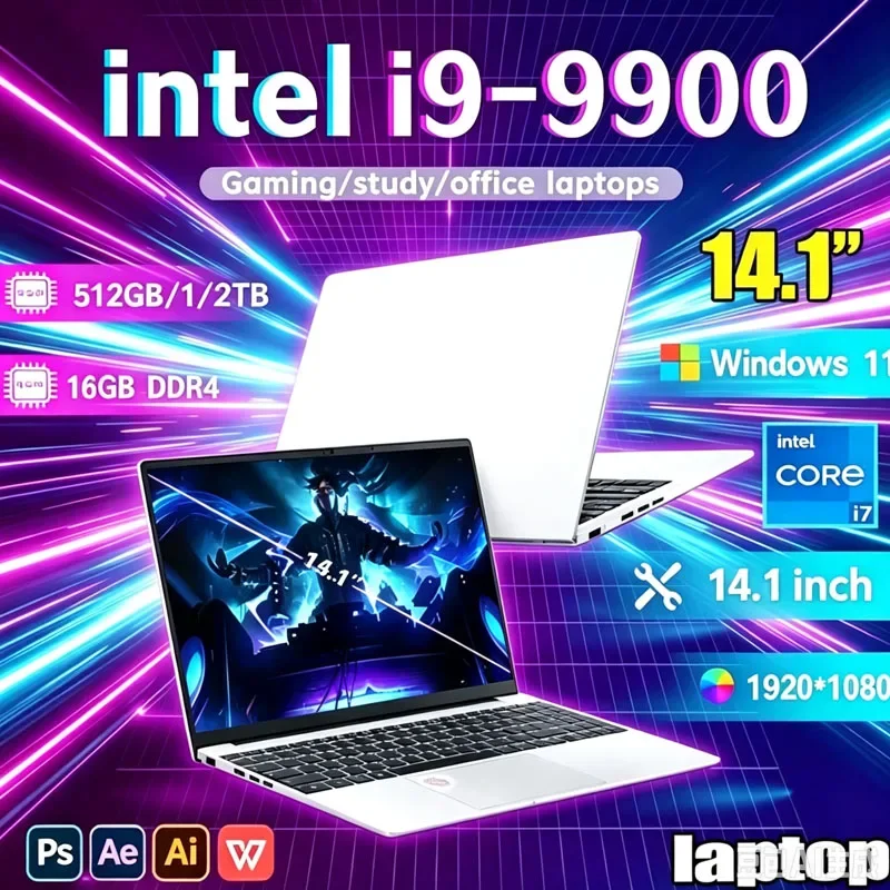 2026 New Laptop 14.1 Inch Windows 11 Intel Core I9 9900 16GB RAM 1TB 2TB SSD Fingerprint Unlock Study Office Pc Gaming Laptops
