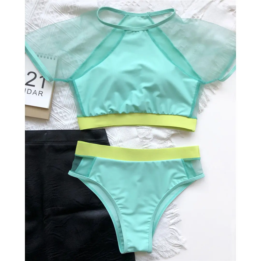 Kurzarm-Badeanzug mit Mesh-Einsätzen, Damen-Bikini mit hoher Taille, zweiteiliger Bikini-Set, Badebekleidung, Badeanzug, Modell V2871. – Detail 28