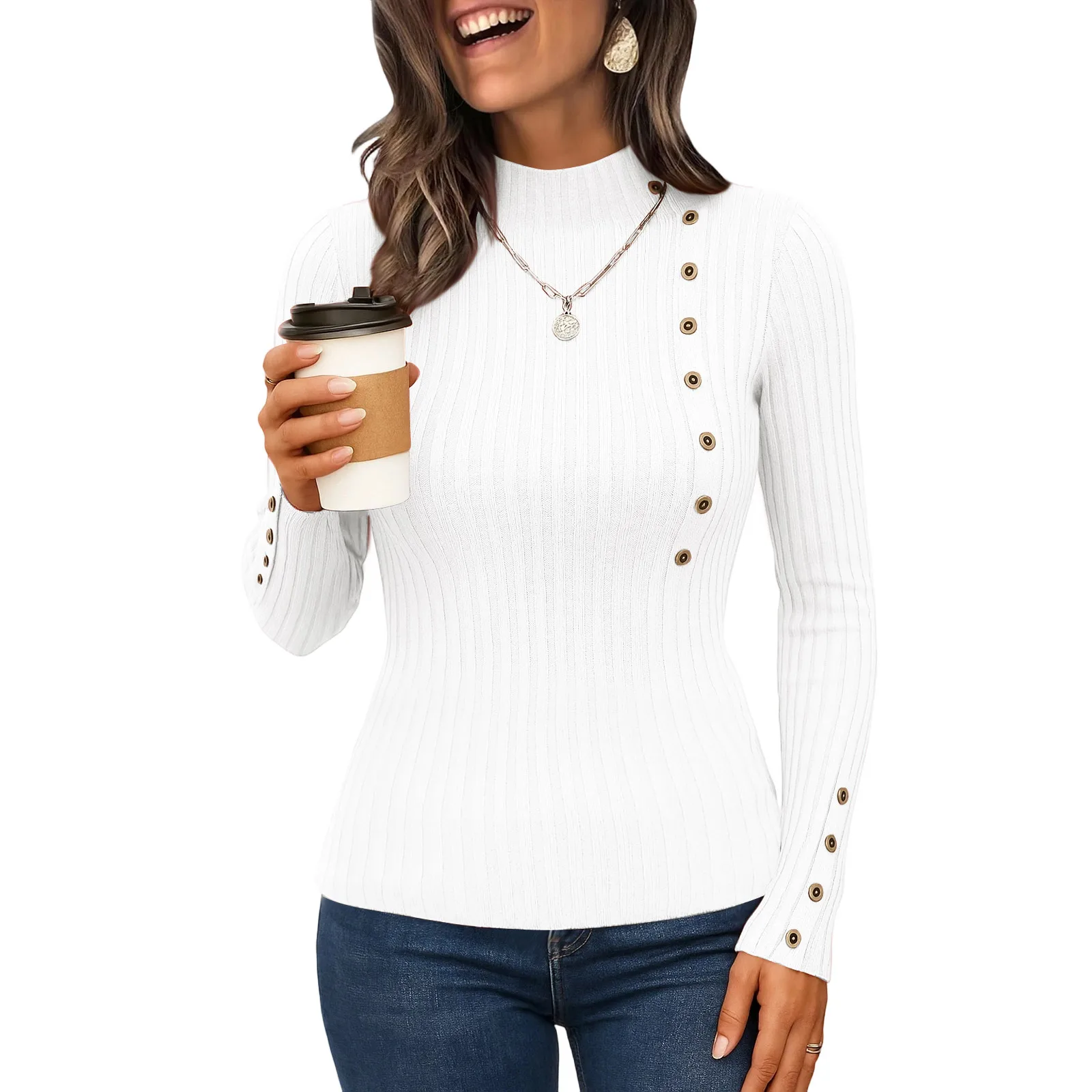 سترات نسائية متماسكة غير رسمية بلون سادة ورقبة عالية وأكمام طويلة سترات كورية سترة خريف وشتاء للنساء