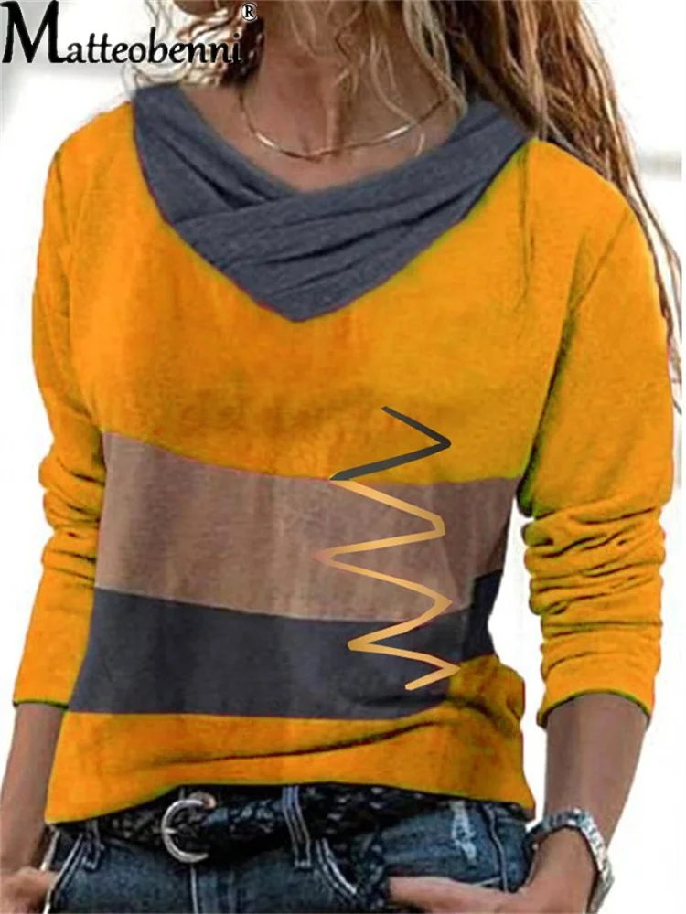 Women V Neck Contrast Color Irregular Stitching Stripes T-Shirt Spring Autumn Long Sleeve Street Hipster Clothes Ladies Tee Tops