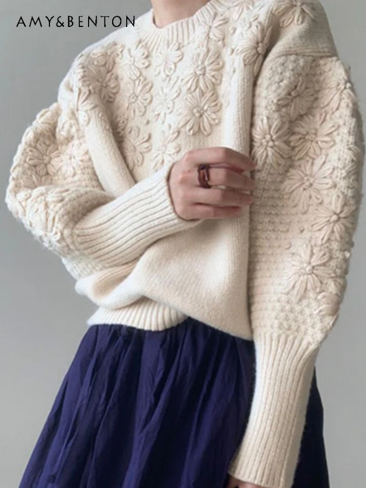 Autumn Winter Korean Chic Heavy Industry Embroidered Three-dimensional Flower Knitted Sweater Versatile Causal Loose Pullover