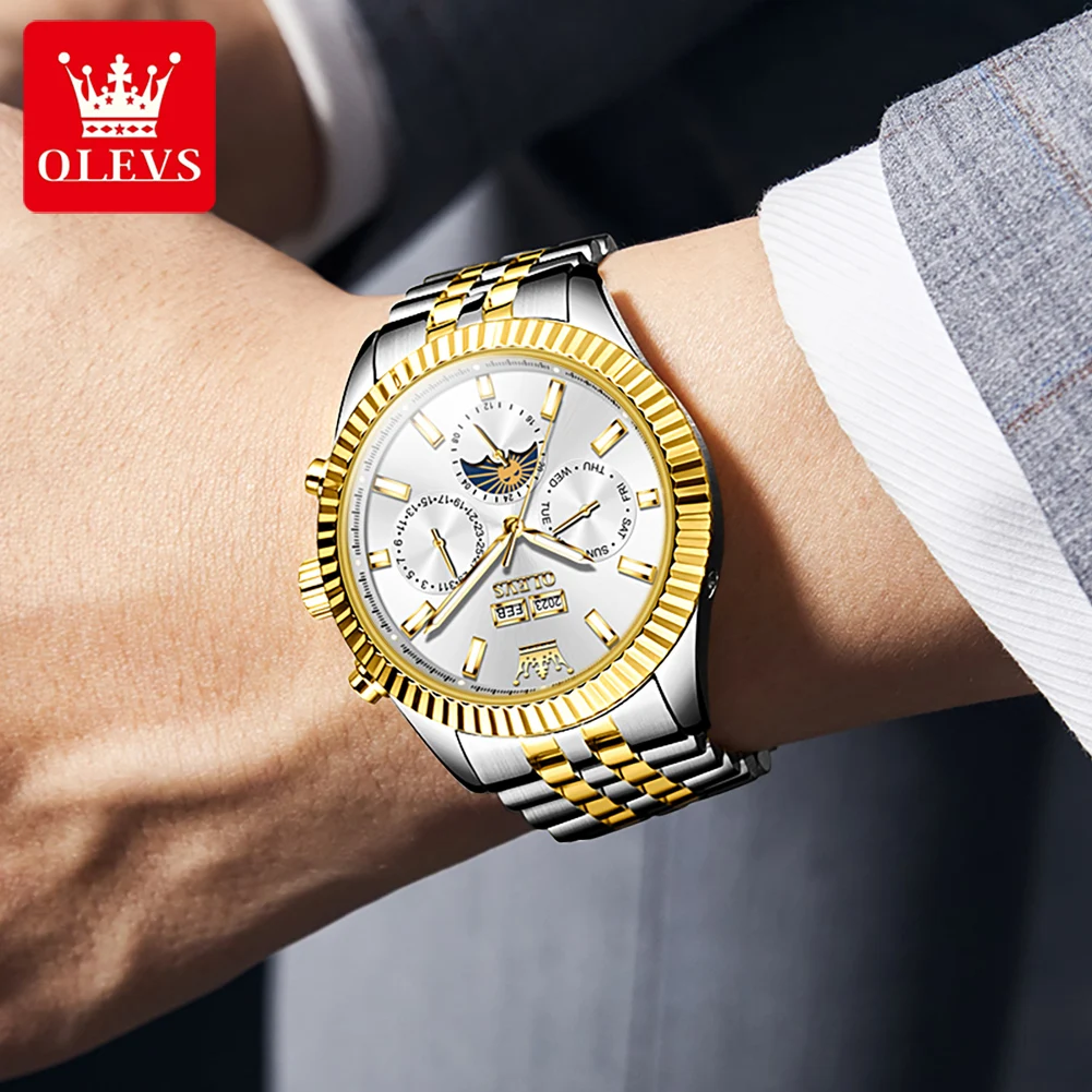 OLEVS New In Automatic Watch for Men TOP Brand Moon Phase Week Business Dress Luminous Stainless steel Waterproof Wristwatch Men