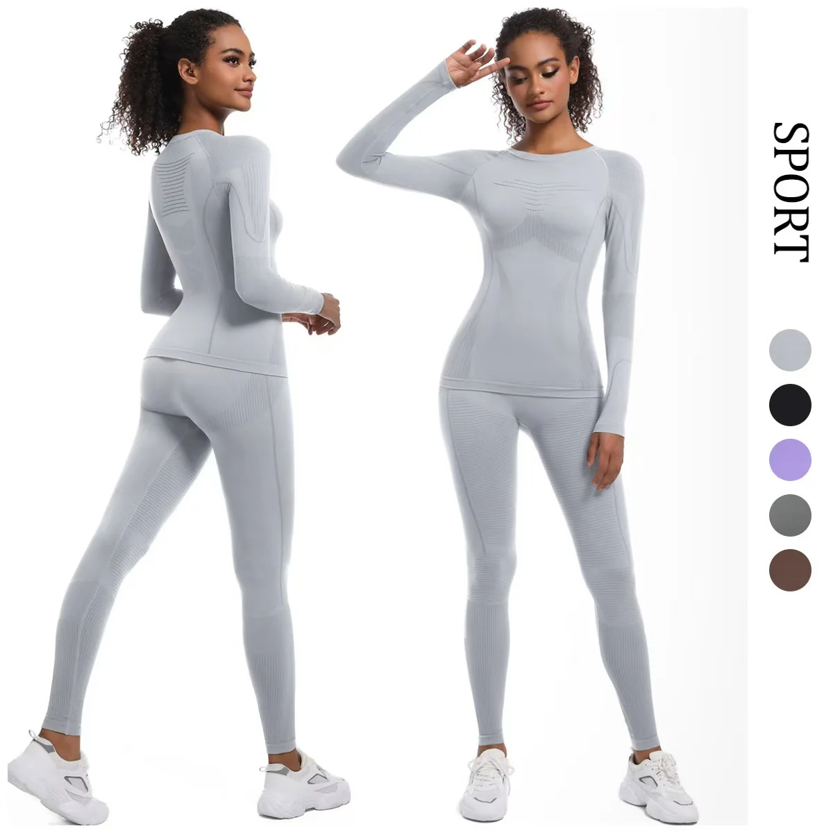 

Seamless Yoga Sets Sports Fitness High Waist Hip Raise Pants Long-Sleeved Suit Workout Clothes Gym Leggings Set for Women