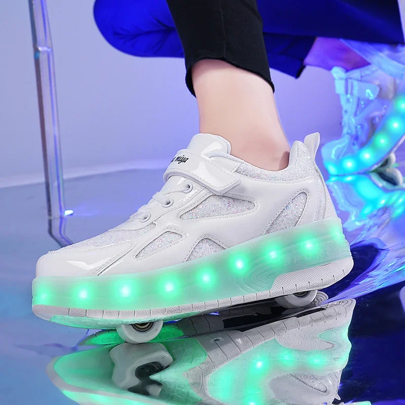 Children's Sneakers Men's Girls Roller Skates Ice Skates Wheeled Pink Led Light Kids Led Shoes Boys USB Charging Casual Footwear