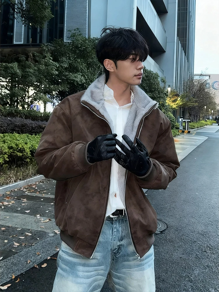 

Caramel-colored Stand Collar Thiened PU Leather Cotton Jaet Men's Winter Anti-Fur Warmth Enhancement Coat Youth Faion