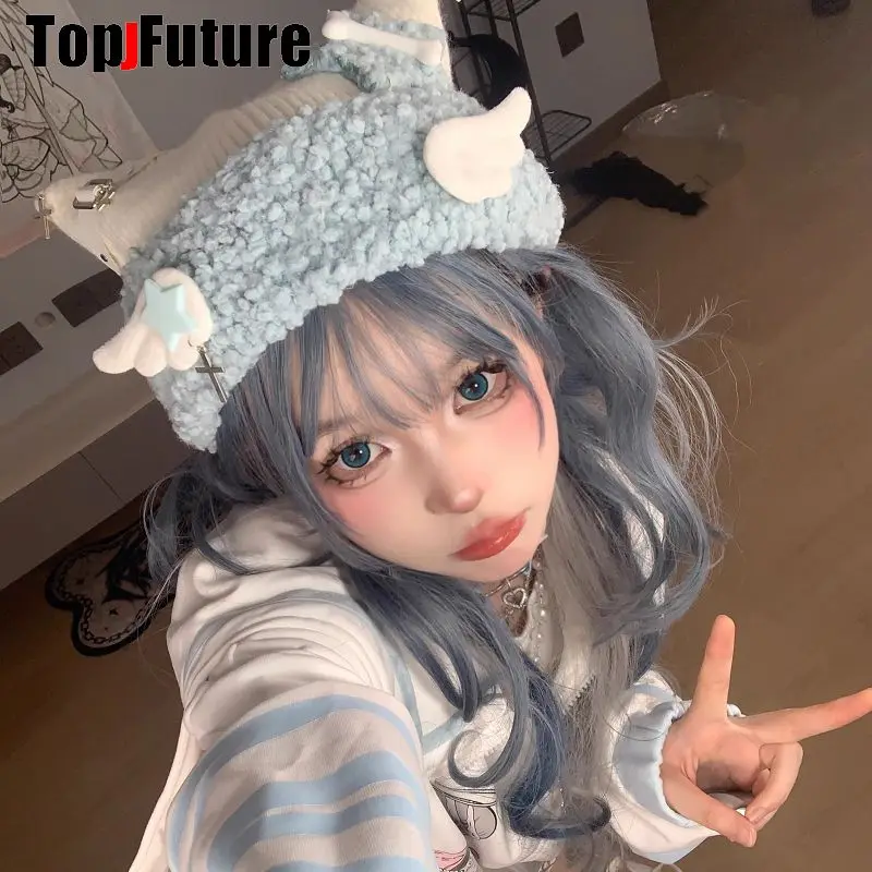 Women Y2K Girl Harajuku Gothic LolitaAqua blue subculture knitted hat cat ear hat mine series cute Bomber hat Winter Beanie Hat