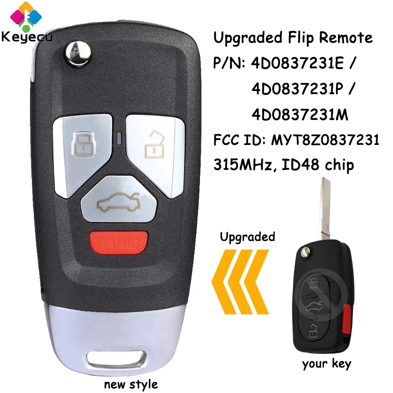 

KEYECU Upgraded Flip Remote Control Car Key With 4 Buttons for Audi TT A4 A6 A8 S4 S6 S8 Fob MYT8Z0837231, 4D0 837 231 E/ P/ M