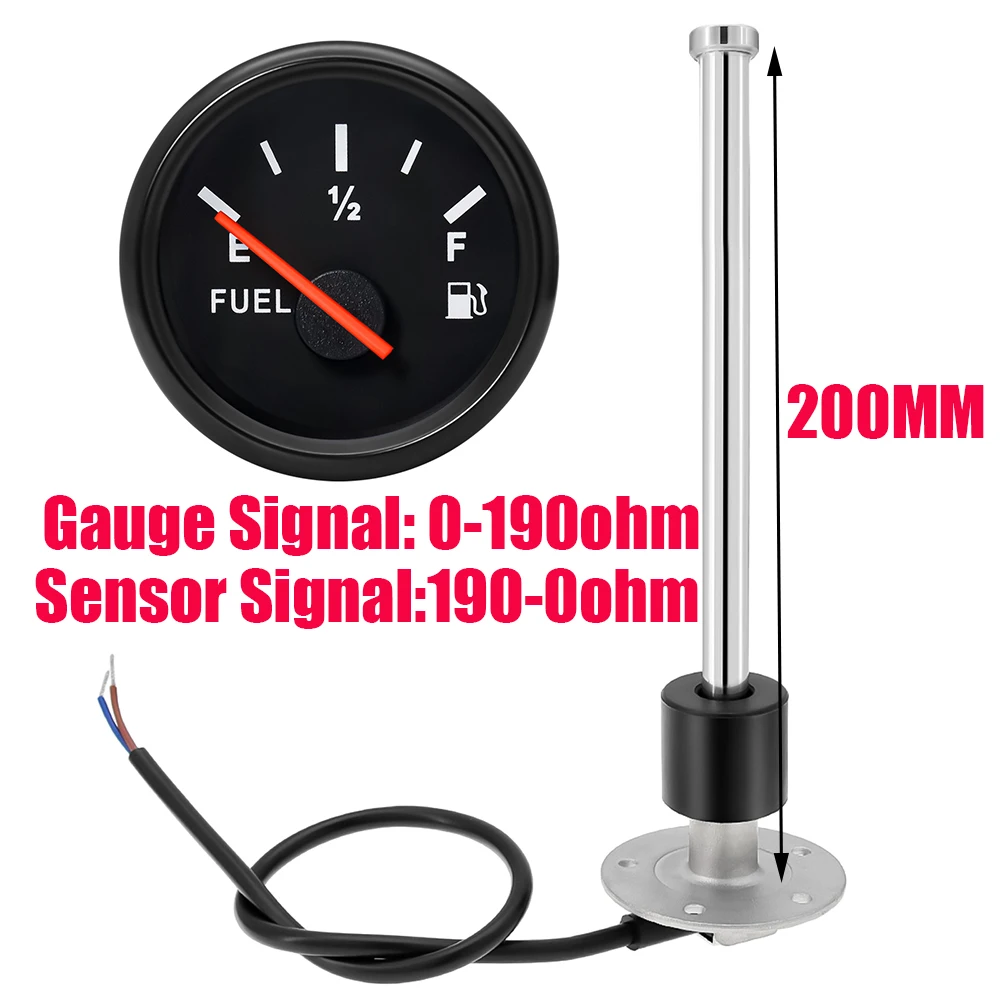 Custom 190-0ohm Fuel Level Sensor 200MM with Red Backlight 52MM Fuel Level Gauge 0-190ohm for Car Marine Boat Yacht 12V24V