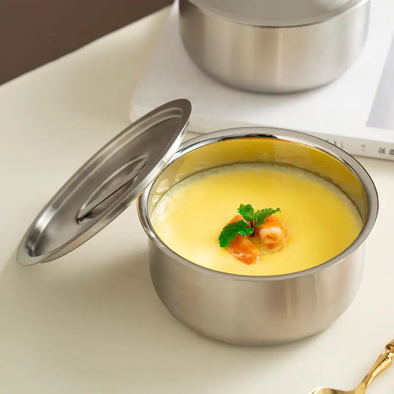Cuenco de acero inoxidable para huevos al vapor, Ramen, arroz, fruta, ensalada, estofado, tazones con tapas, taza para sopa, contenedor de alimentos, suministros de vajilla de cocina