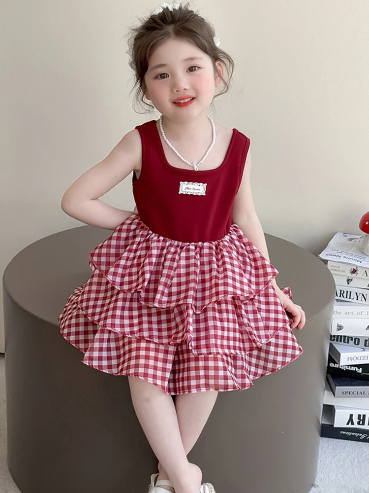 

Trendy Plaid Vest Dr Baby Girl Summer Outfit Sweet Sle Patchwork Skirt Children's Faionable Princ Dr Kids Clothing