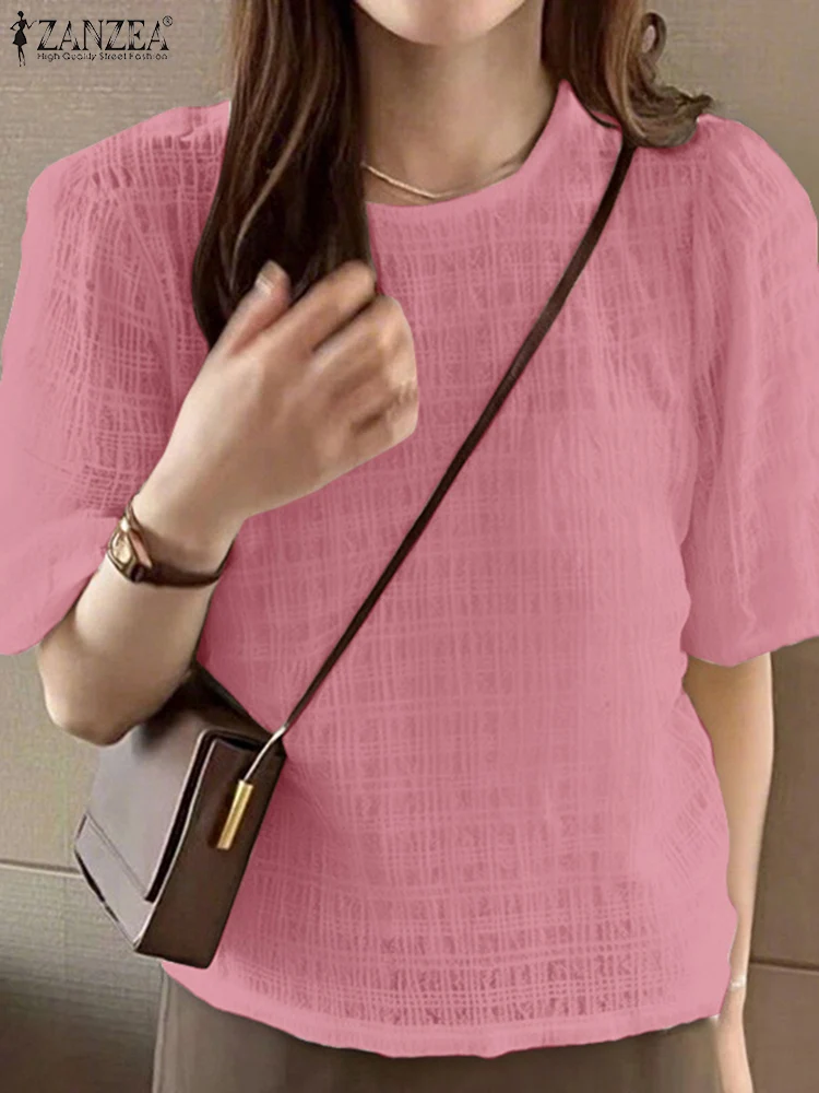 

Women Blouse ZANZEA Fashion Puff Sleeve Summer Tops 2025 Elegant Solid Color Blusas Female Casual Loose Round Neck Korean Shirts