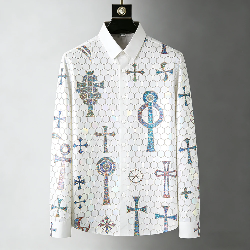 Men's Long Sleeve Gold Chain High Definition Print Hawaiian Vacation Leisure White Shirt Business Men's Clothing Fast Shipping
