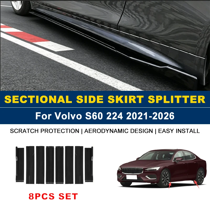 2.2m Sectional Side Skirt Extension Lips Side Spoiler, Car Exterior Modified Upgrade Kit For Volvo S60 224 2021-2026 2022 2023