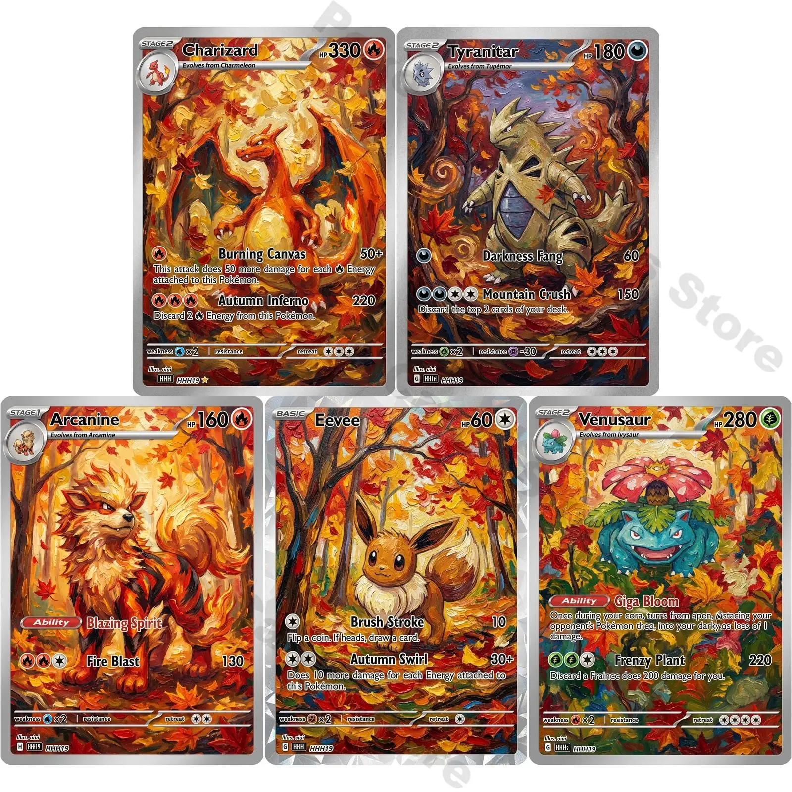PTCG Cards PTCG Oil Painting Style Charizard Tyranitar Arcanine Eevee Venusaur Collection Cards Rare Cards Set PTCG Gift