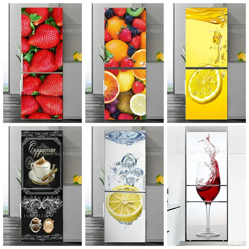 Customized Delicious Fruit Dessert Refrigerator Door Mural Sticker Waterproof PVC Kitchen Closet Fridge Door Wallpaper Stickers