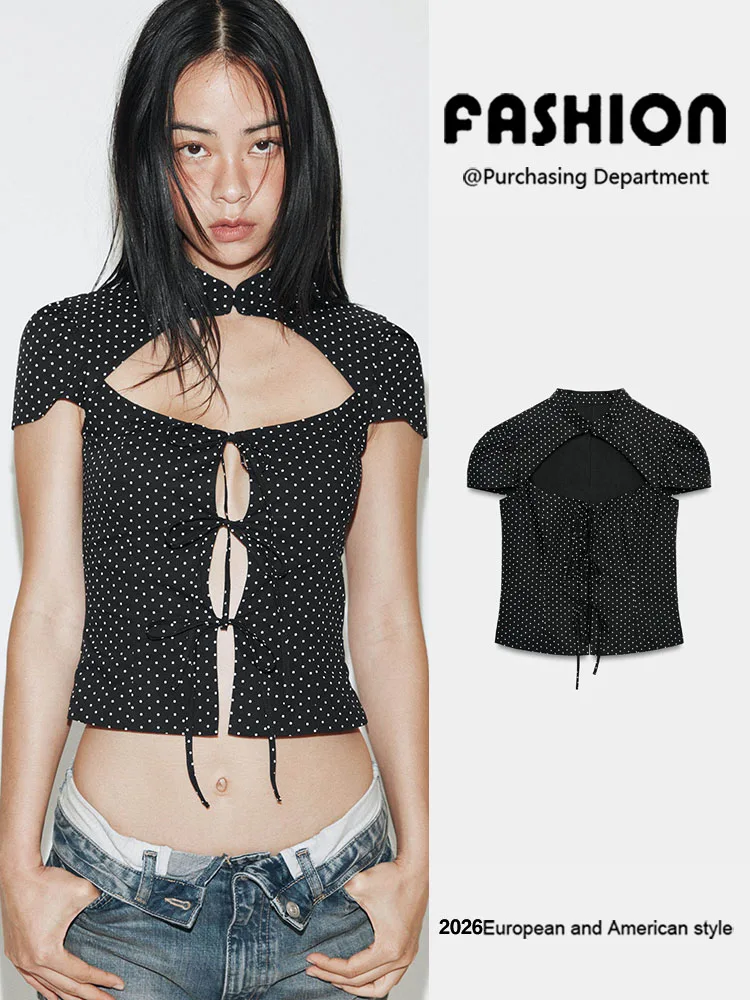 Summer New round Neck Shirt Women's Fashion  Knot Decorated Slim Fit Short Sleeve Chinese Style Top
