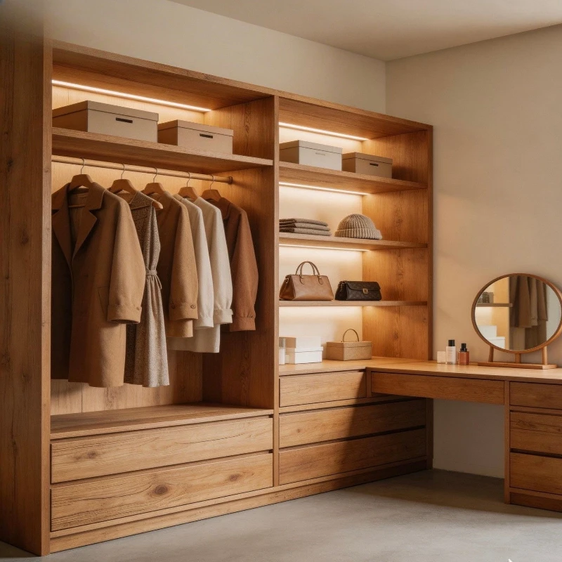 Log integral wardrobe open cloakroom bedroom storage dressing table