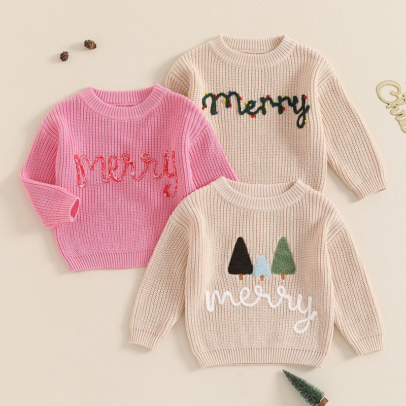 

EWODOS Baby Boy Girl Christmas Sweater Letter Embroidery Crew Neck Long Sleeve Pullover Tops for Fall Winter
