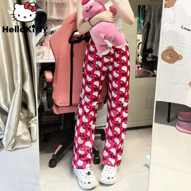 

Sanrio Hello Kitty Cartoon Print Straight Casual Pants Women's Y2k Fashion Japanese Stylish Trousers High Waist Wide Leg Pants