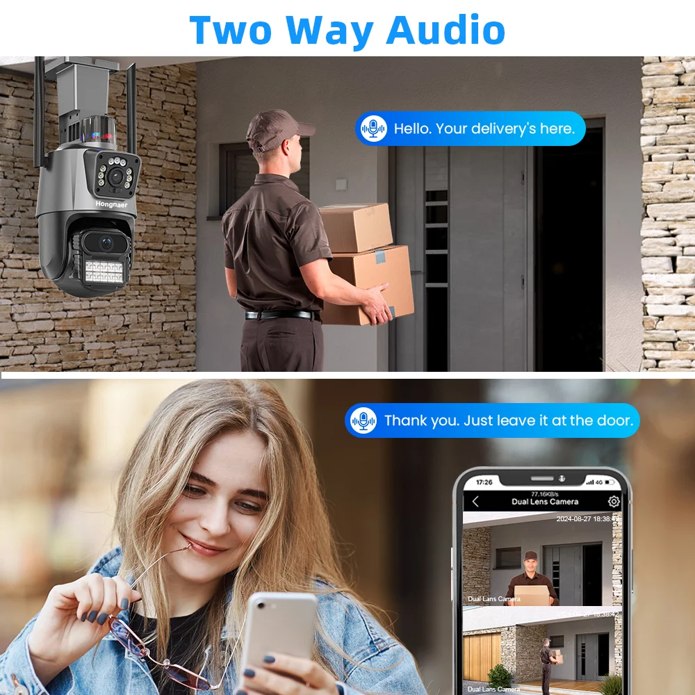 كاميرا Hongnaer ICSee 8MP 4K ذات عدسة مزدوجة للرؤية الليلية في الهواء الطلق الذكية المقاومة للماء PTZ اللاسلكية CCTV WiFi