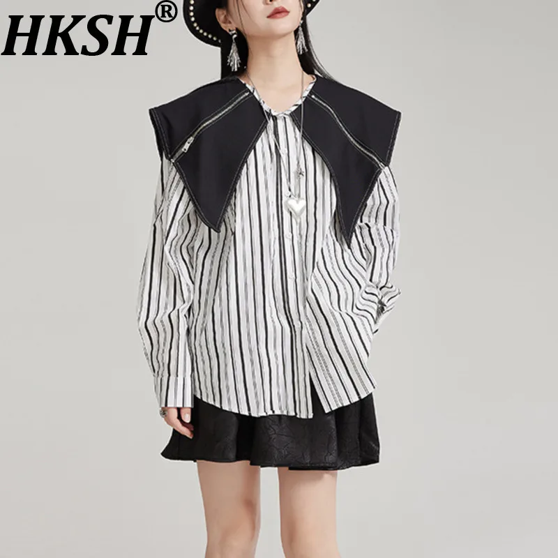 

HKSH Spring Autumn New Women Shirt Turn-down Collar Single Breasted Long Sleeves Color Block Elegant Chic Blouse Ins Top HK17431