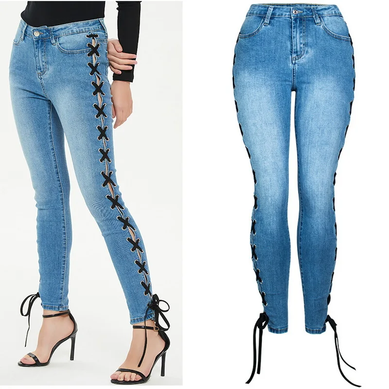 Women's Jeans Spring Autumn Cross Strap Slim Fit Jeans Sexy Skinny Lace Up Pencil Pants