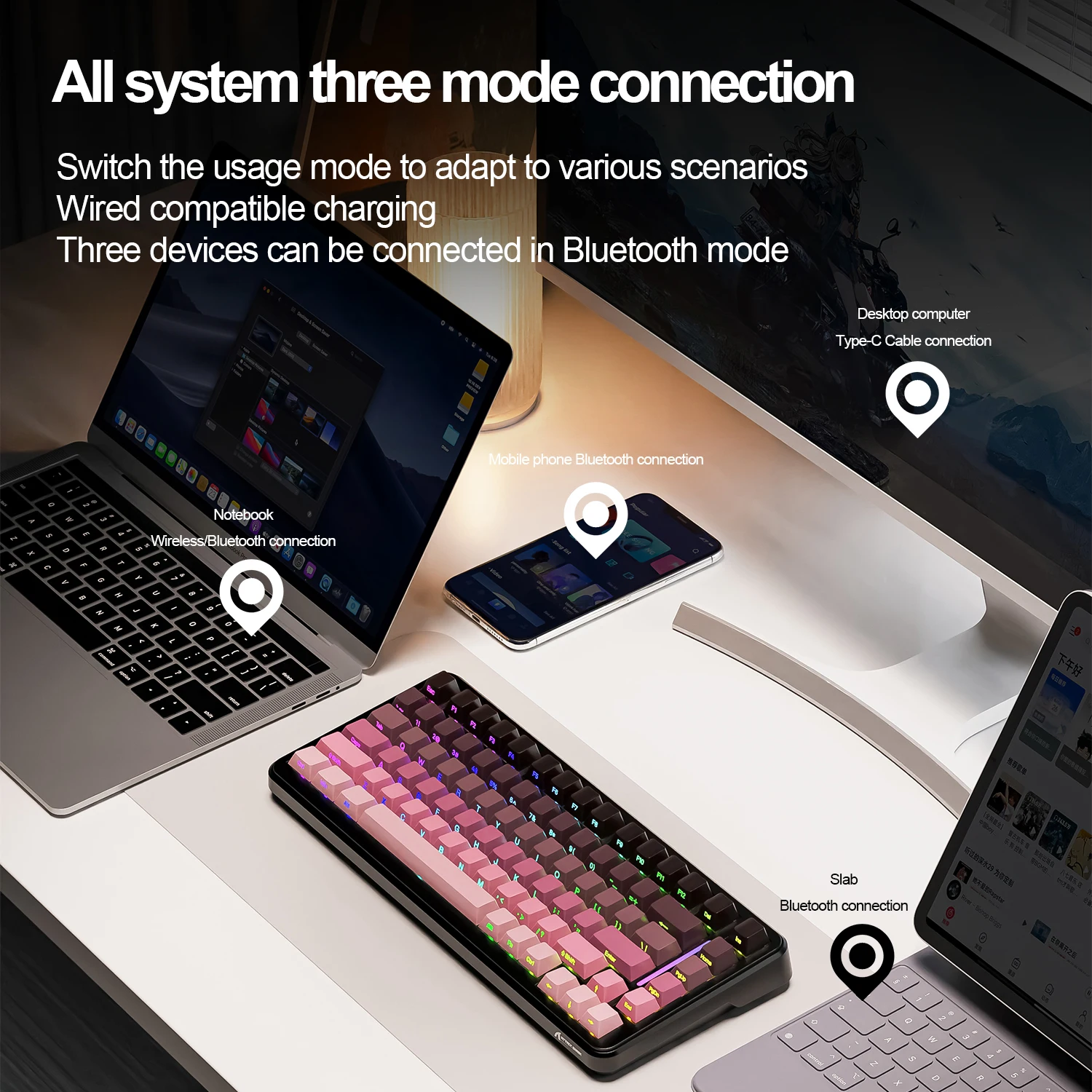 Ataque tubarão m86 teclado mecânico óptico gravado lateralmente, corpo de interruptor permutável, bluetooth/2.4g/com fio, três modos rgb